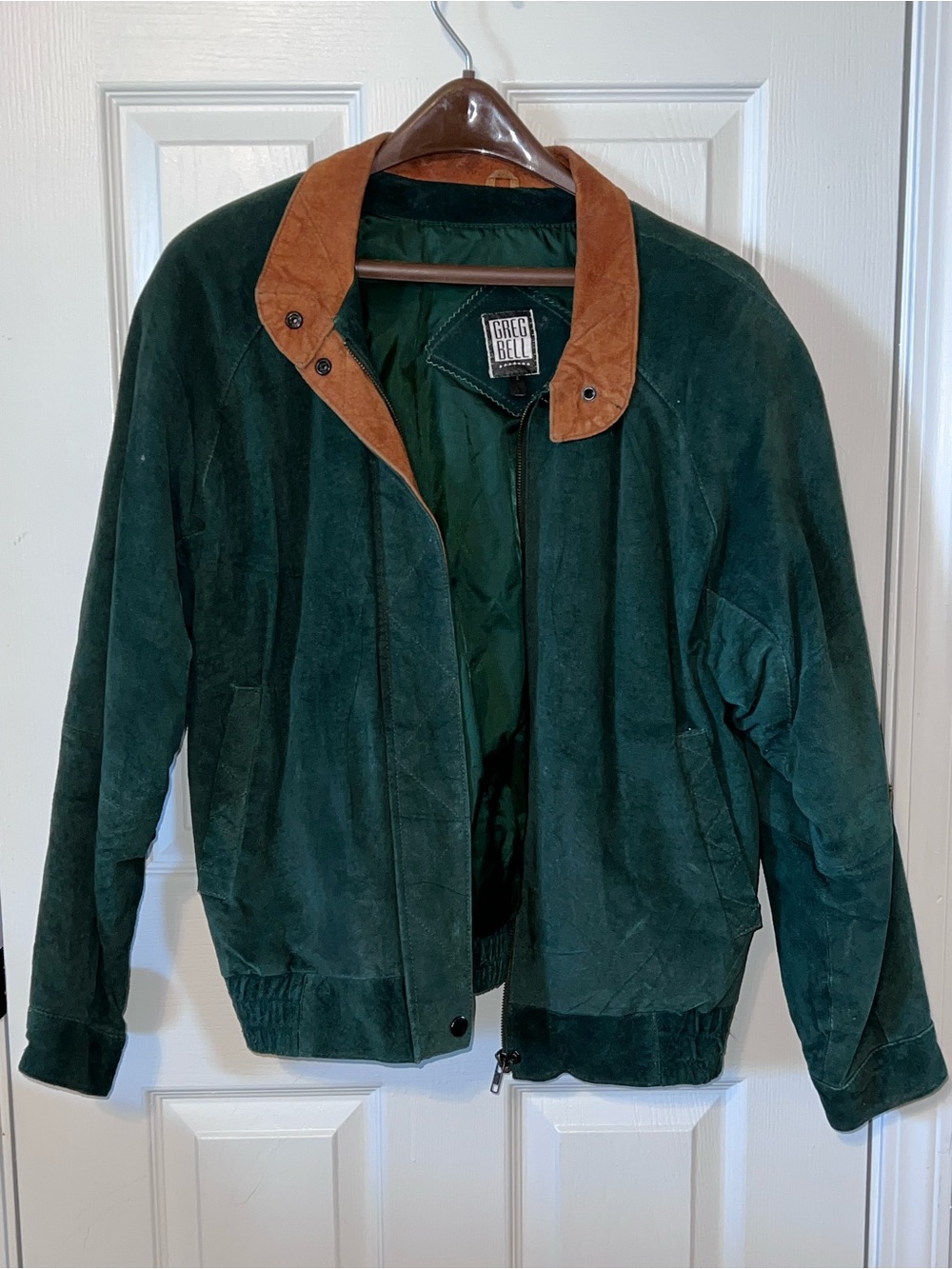 Vintage Greg Bell Green Suede Leather Bomber Jacket Small